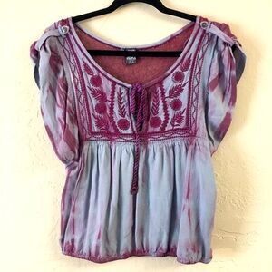 Free People Embroidered Tie Dye Short Sleeve Top XS Purple Lace Boho Festival